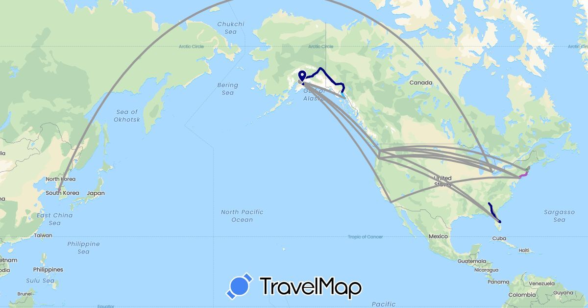TravelMap itinerary: driving, bus, plane, train, hiking, boat in Canada, South Korea, United States (Asia, North America)